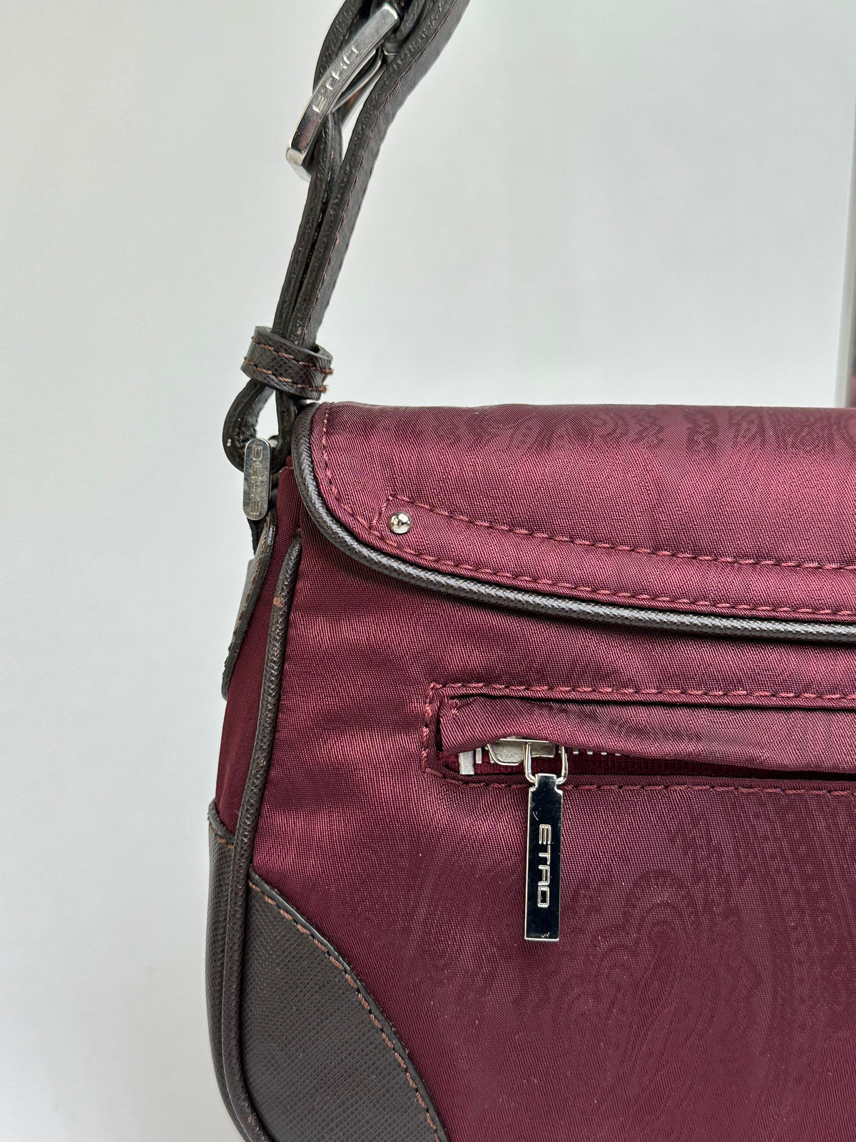 Vintage Etro Paisley Nylon Flap Crossbody Bag Early 2000s Burgundy