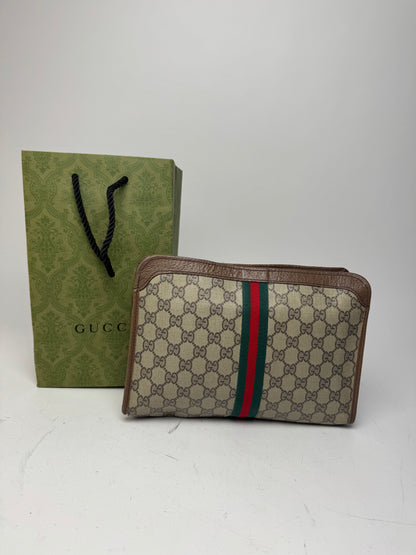 Vintage Gucci Monogram Leather Clutch Grey Brown