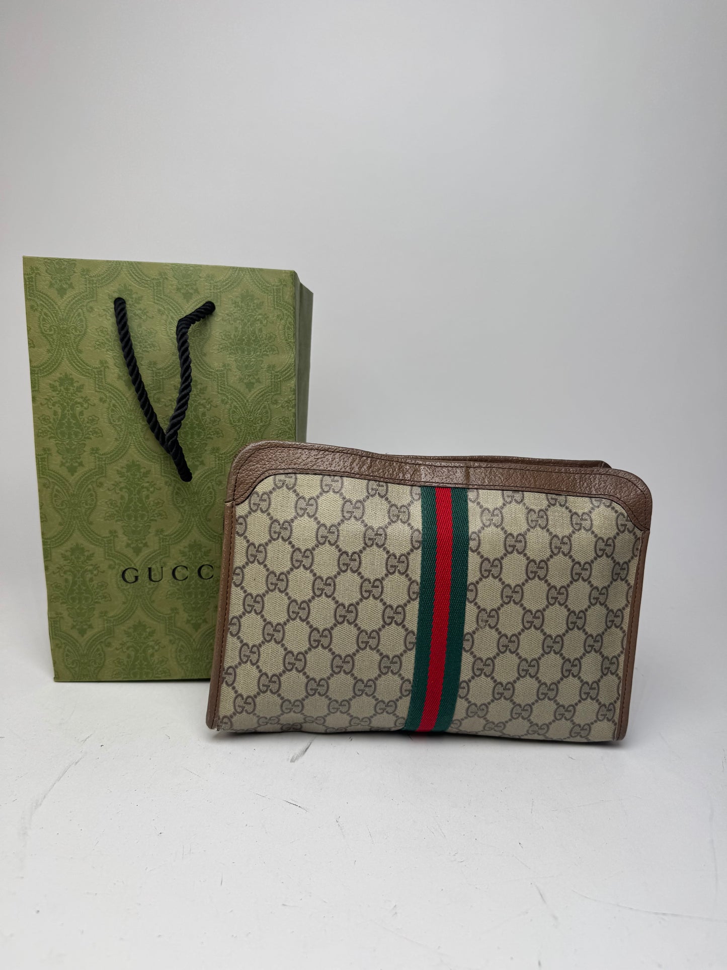 Vintage Gucci Monogram Leather Clutch Grey Brown