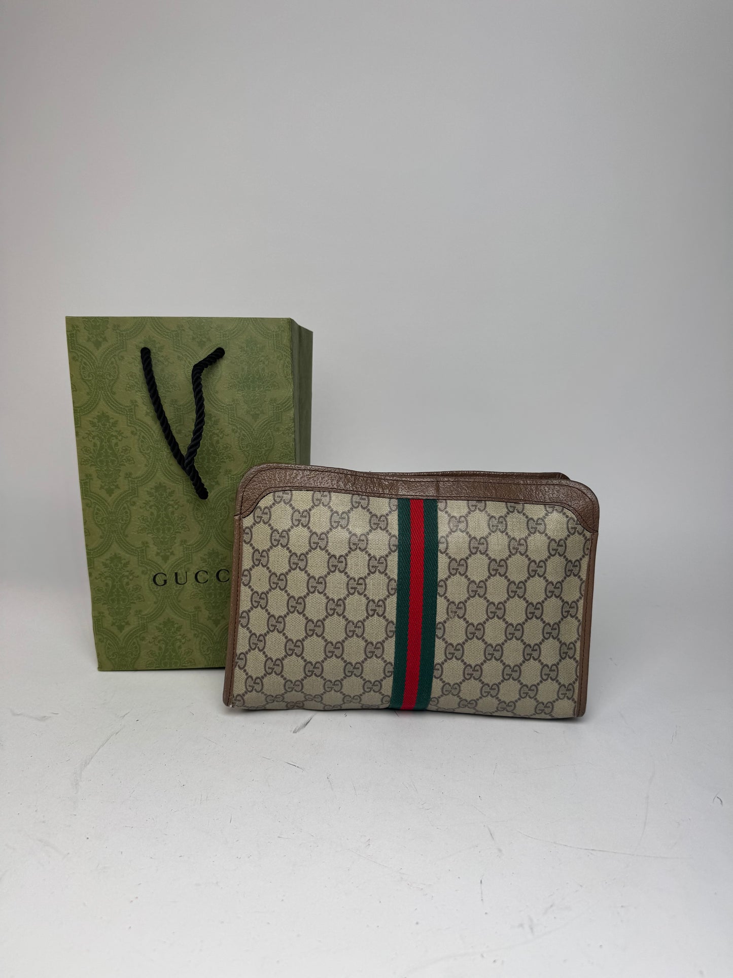 Vintage Gucci Monogram Leather Clutch Grey Brown