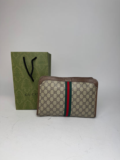 Vintage Gucci Monogram Leather Clutch Grey Brown