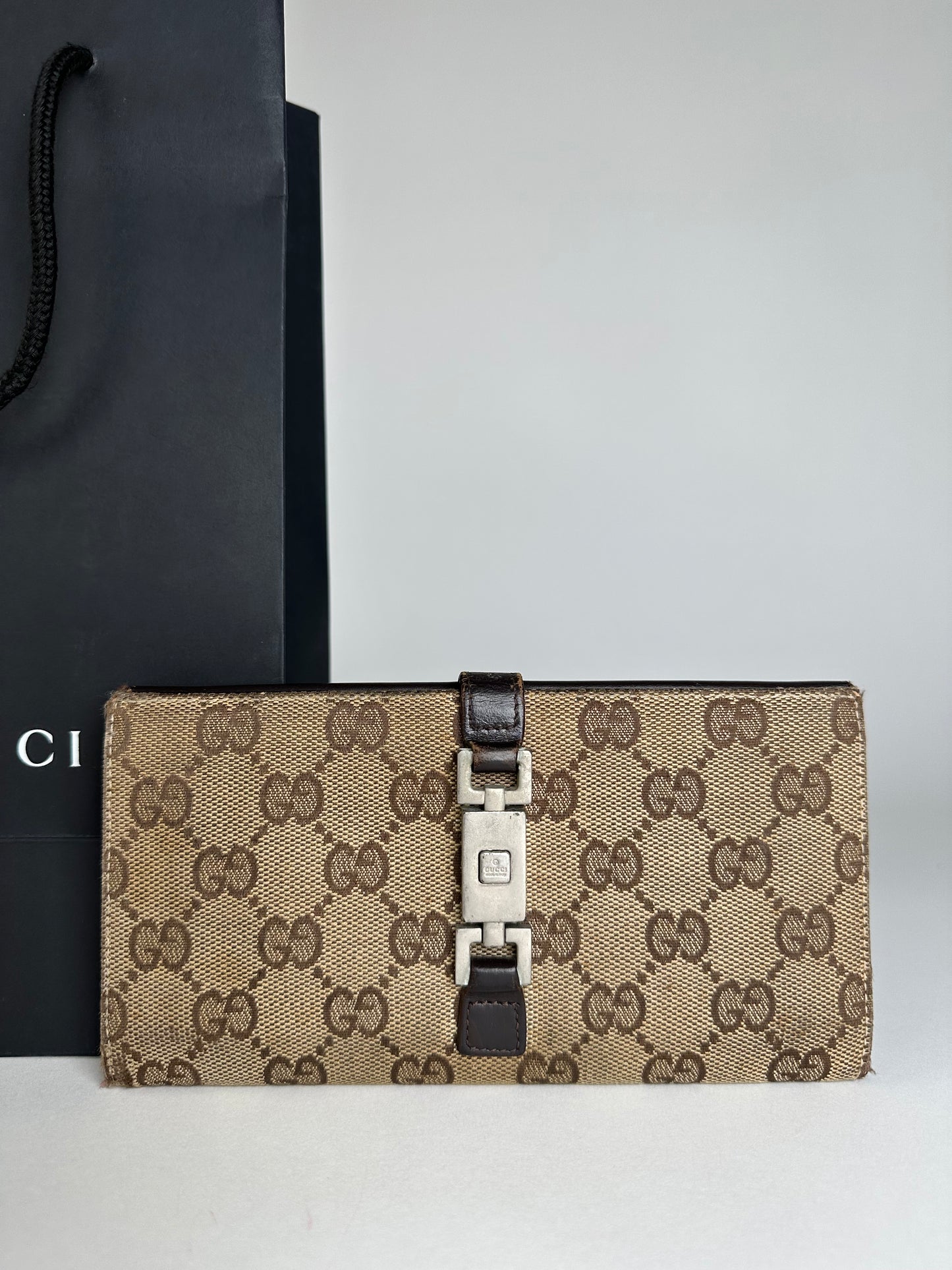 Vintage Gucci Monogram Long Jackie Wallet Beige Brown