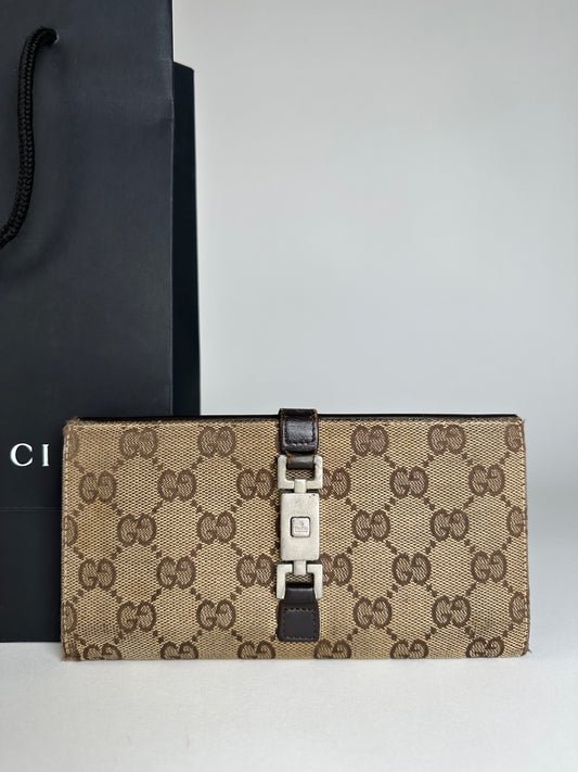 Vintage Gucci Monogram Long Jackie Wallet Beige Brown