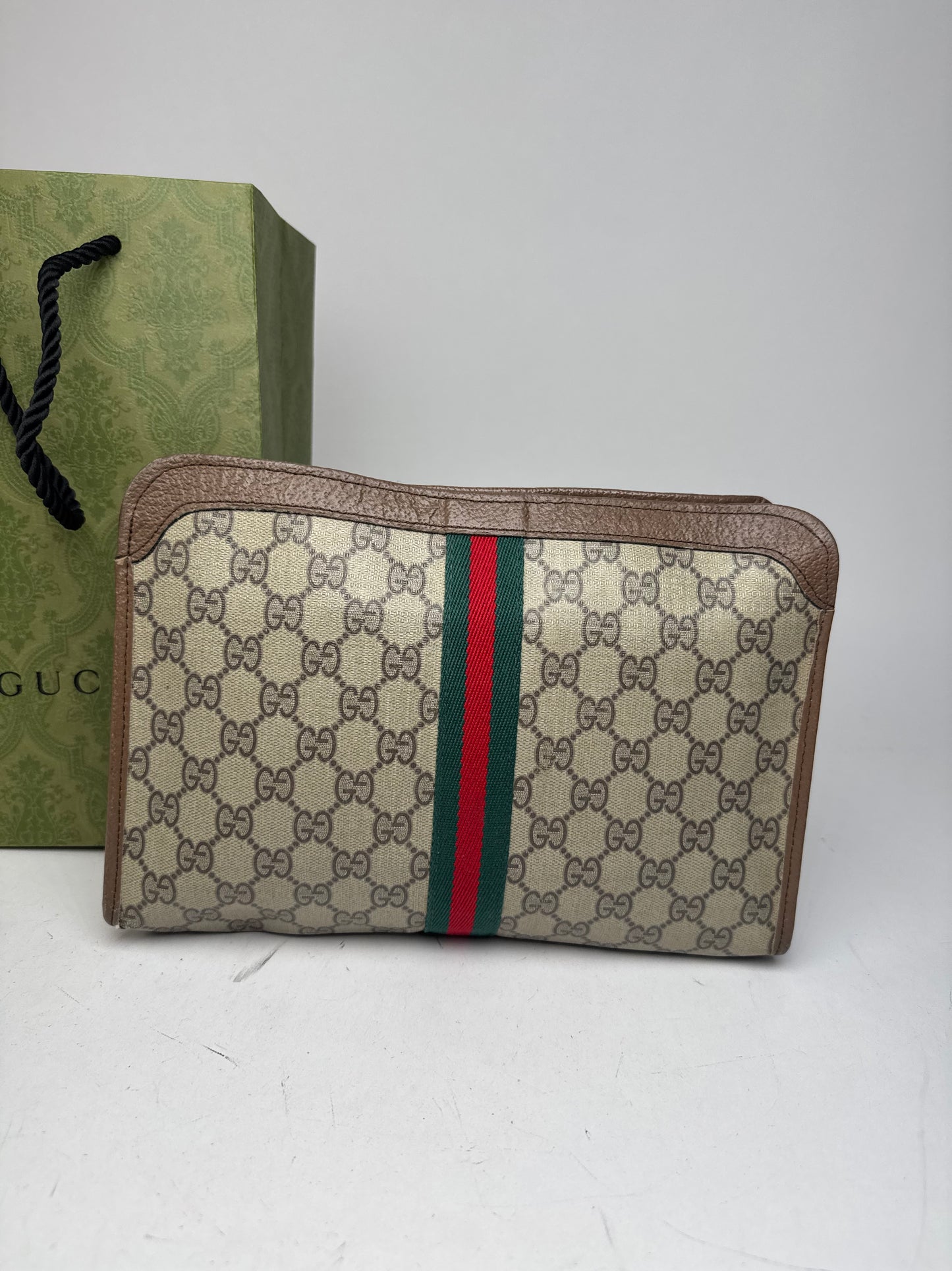 Vintage Gucci Monogram Leather Clutch Grey Brown