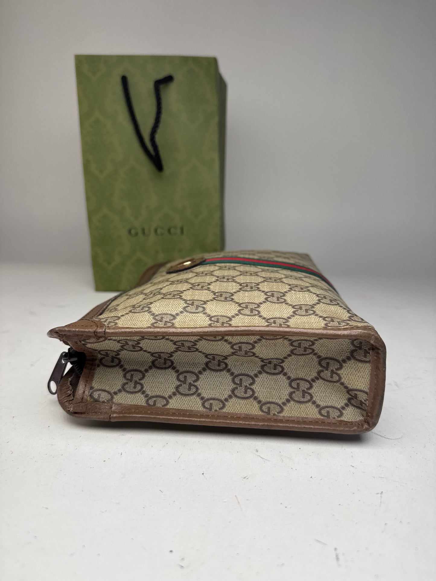 Vintage Gucci Monogram Leather Clutch Grey Brown