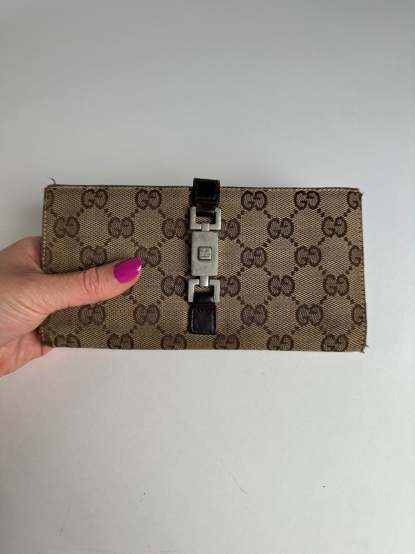 Vintage Gucci Monogram Long Jackie Wallet Beige Brown