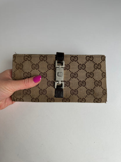 Vintage Gucci Monogram Long Jackie Wallet Beige Brown