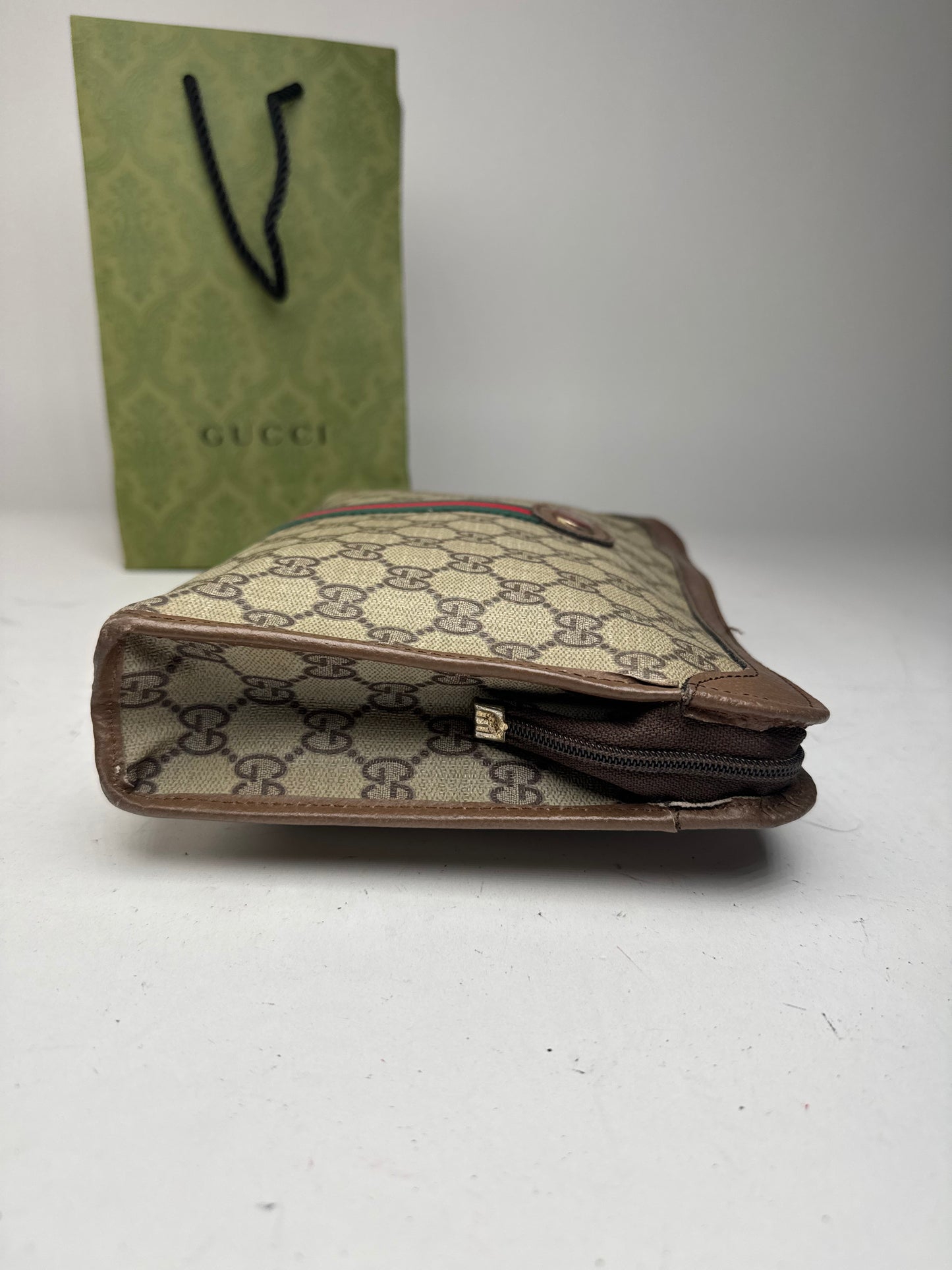 Vintage Gucci Monogram Leather Clutch Grey Brown