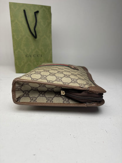 Vintage Gucci Monogram Leather Clutch Grey Brown
