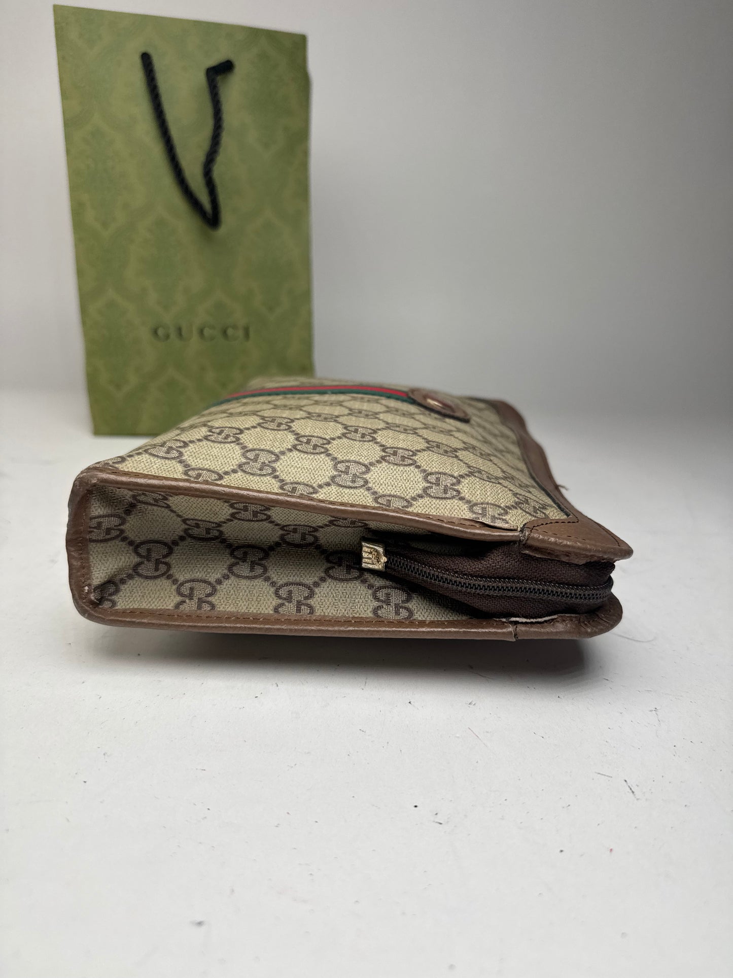 Vintage Gucci Monogram Leather Clutch Grey Brown