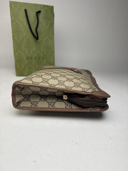 Vintage Gucci Monogram Leather Clutch Grey Brown