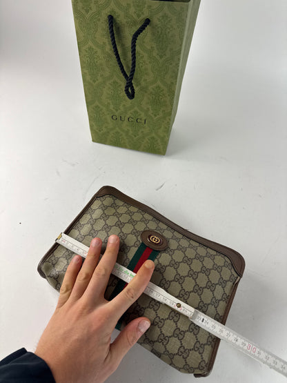 Vintage Gucci Monogram Leather Clutch Grey Brown