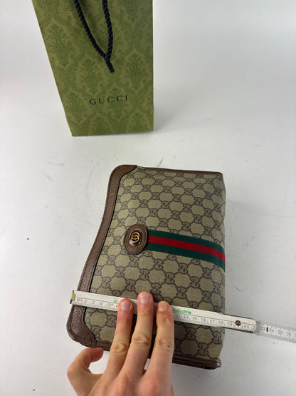 Vintage Gucci Monogram Leather Clutch Grey Brown
