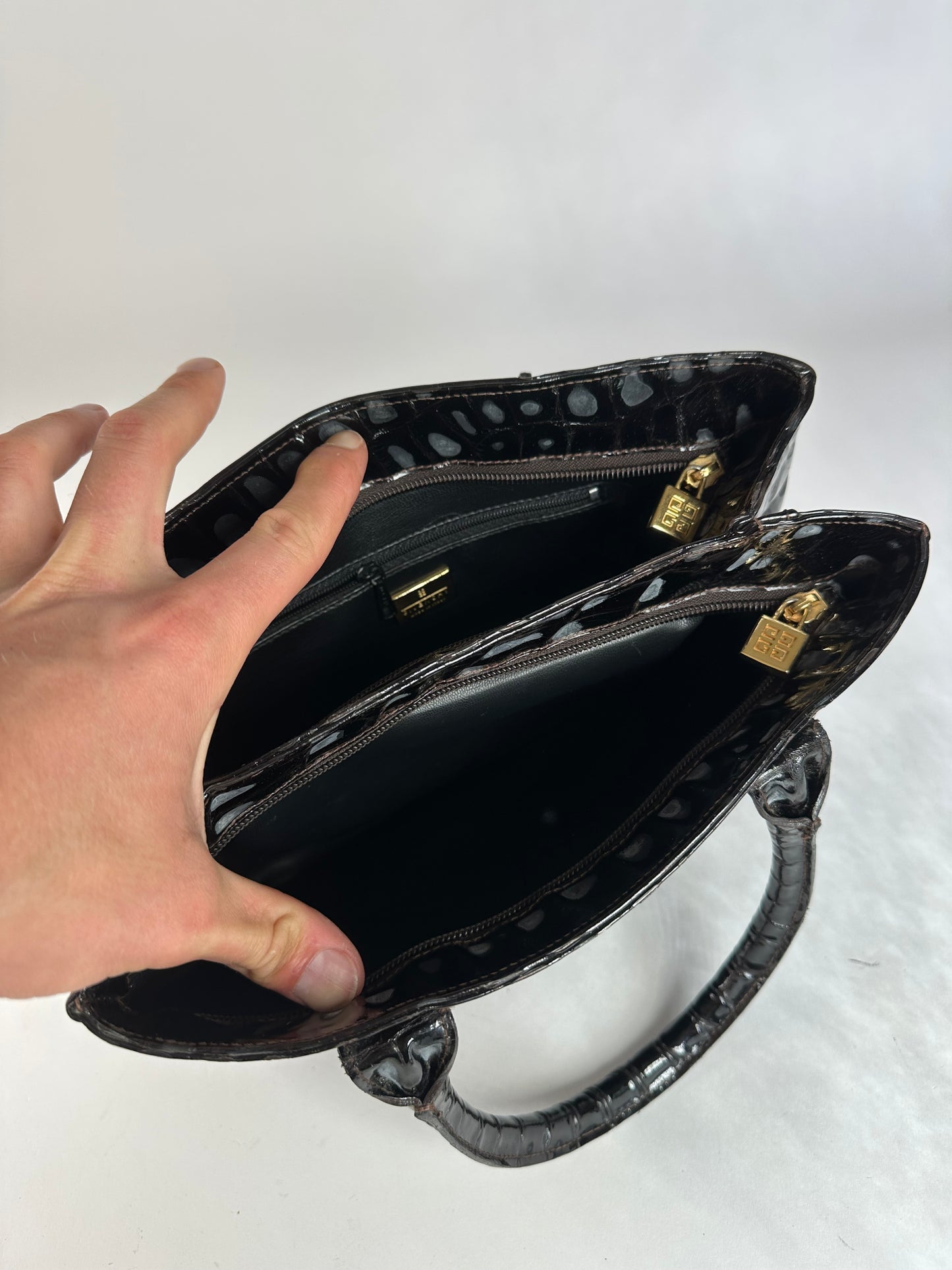 Vintage Givenchy Crocodile-Embossed Leather Tote Black Gold