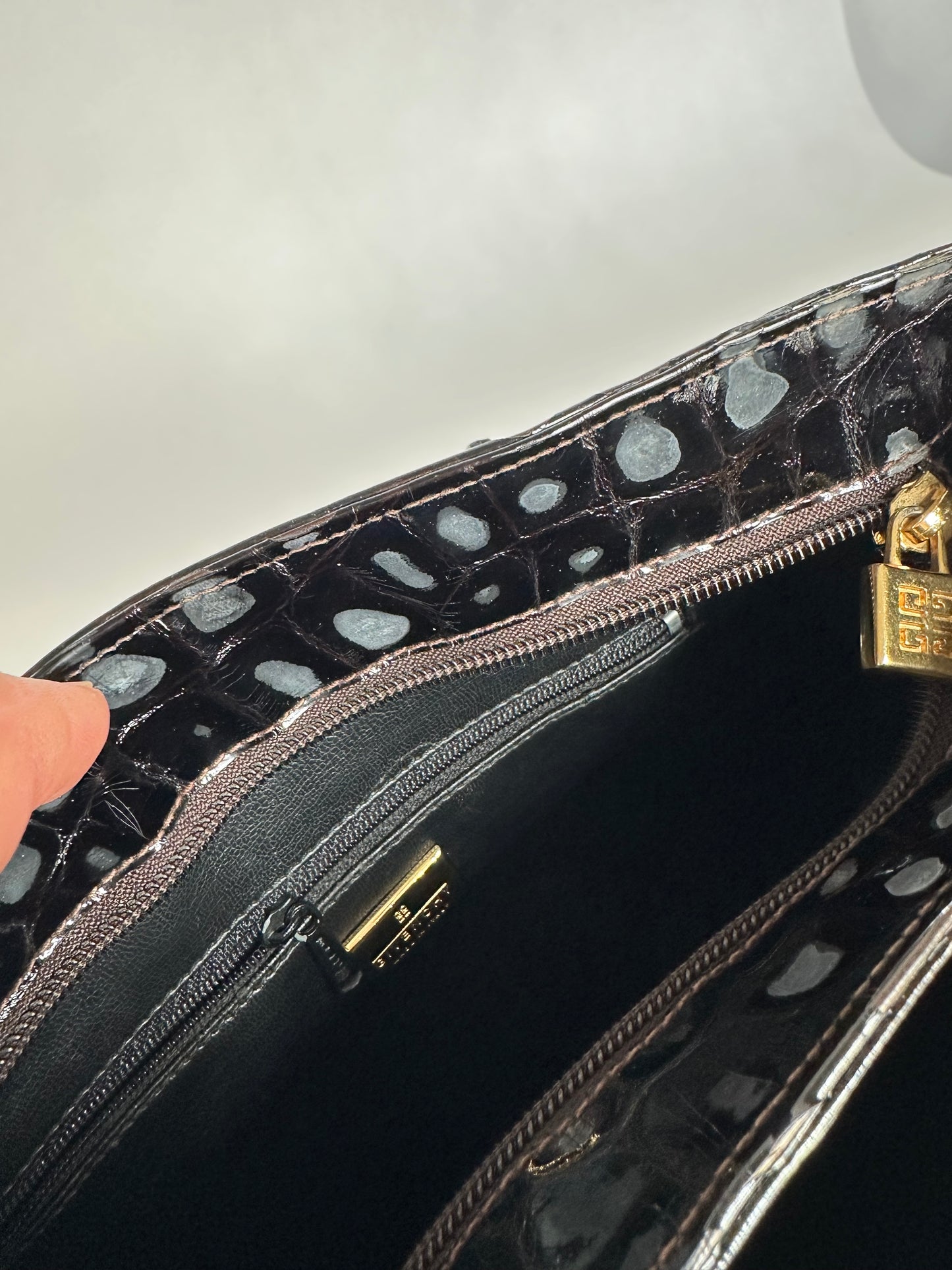 Vintage Givenchy Crocodile-Embossed Leather Tote Black Gold