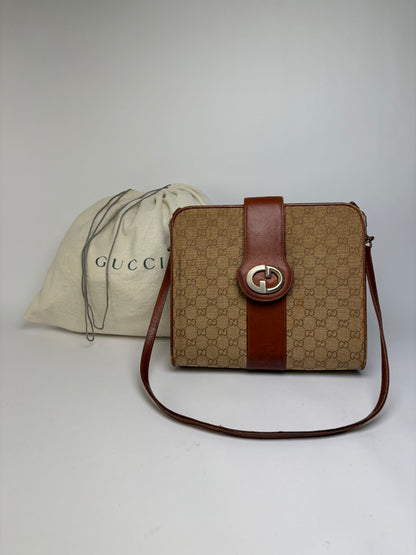 Vintage Gucci GG Monogram Canvas Structured Bag Beige Brown