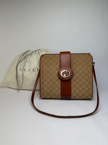 Vintage Gucci GG Monogram Canvas Structured Bag Beige Brown