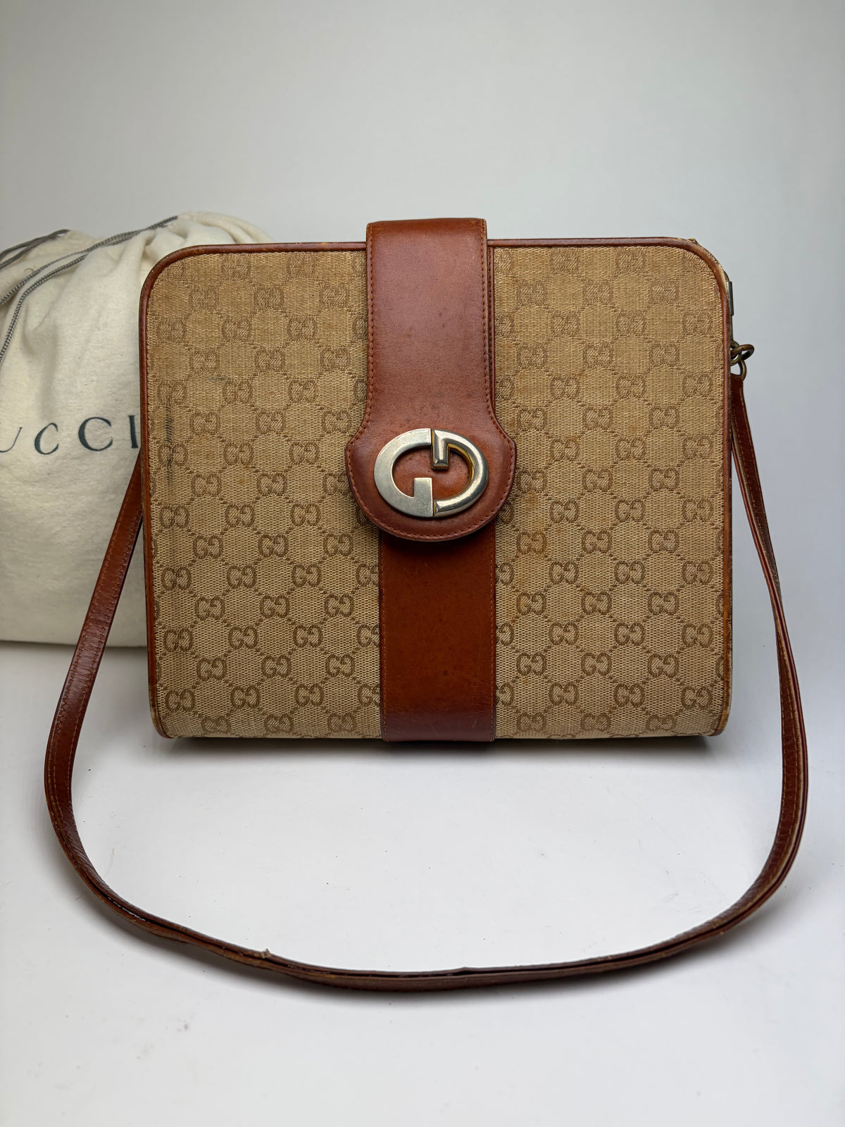 Vintage Gucci GG Monogram Canvas Structured Bag Beige Brown