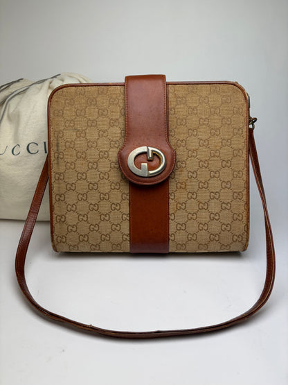Vintage Gucci GG Monogram Canvas Structured Bag Beige Brown
