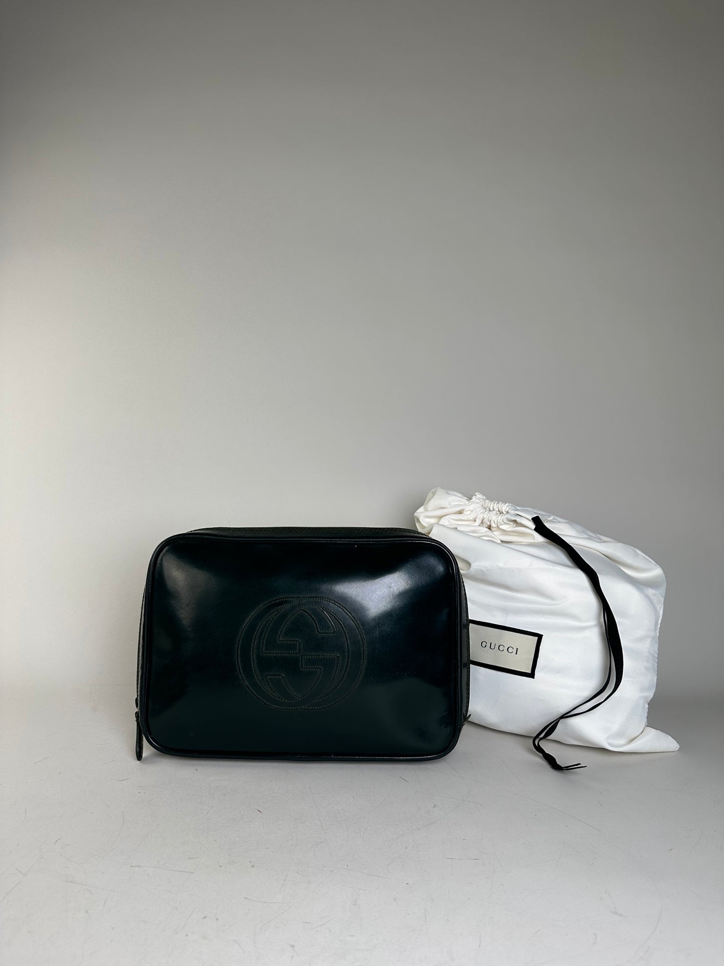 Vintage Gucci Leather Cosmetic Case Dark Green Silver