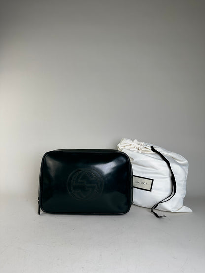 Vintage Gucci Leather Cosmetic Case Dark Green Silver