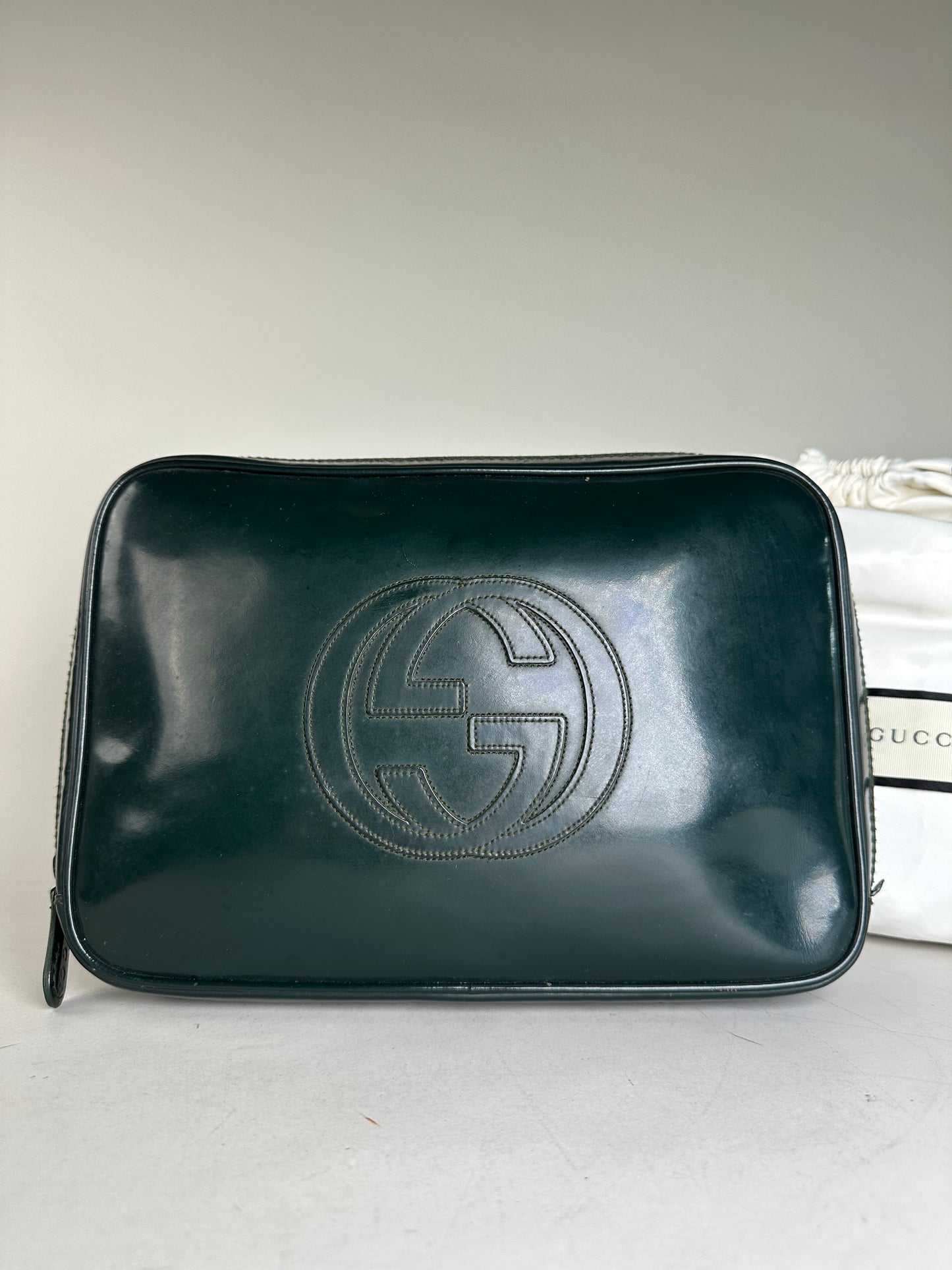 Vintage Gucci Leather Cosmetic Case Dark Green Silver