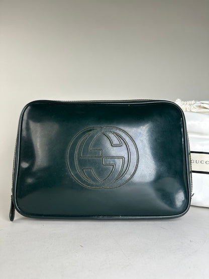Vintage Gucci Leather Cosmetic Case Dark Green Silver