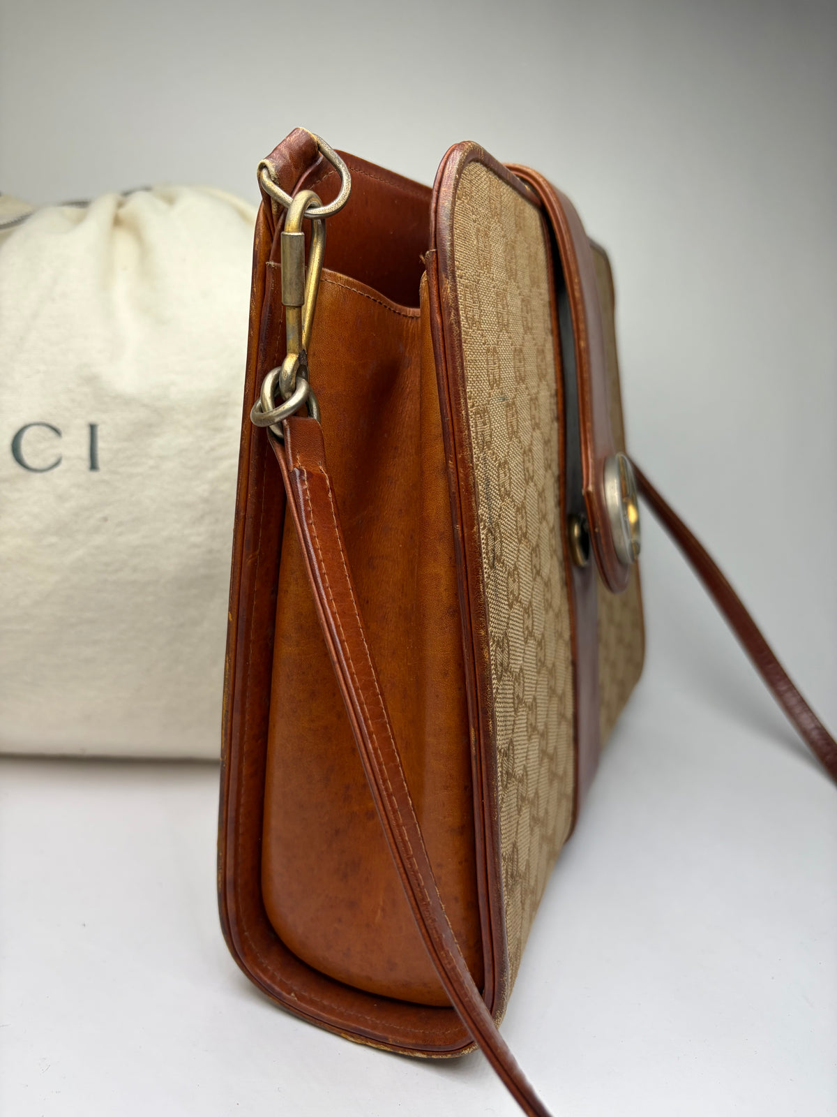 Vintage Gucci GG Monogram Canvas Structured Bag Beige Brown