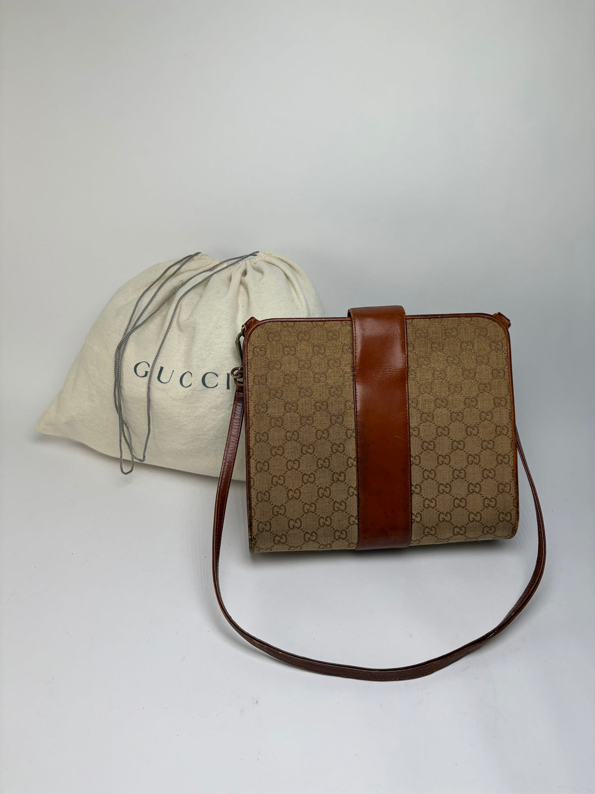 Vintage Gucci GG Monogram Canvas Structured Bag Beige Brown