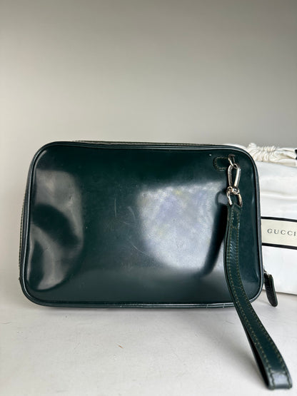 Vintage Gucci Leather Cosmetic Case Dark Green Silver