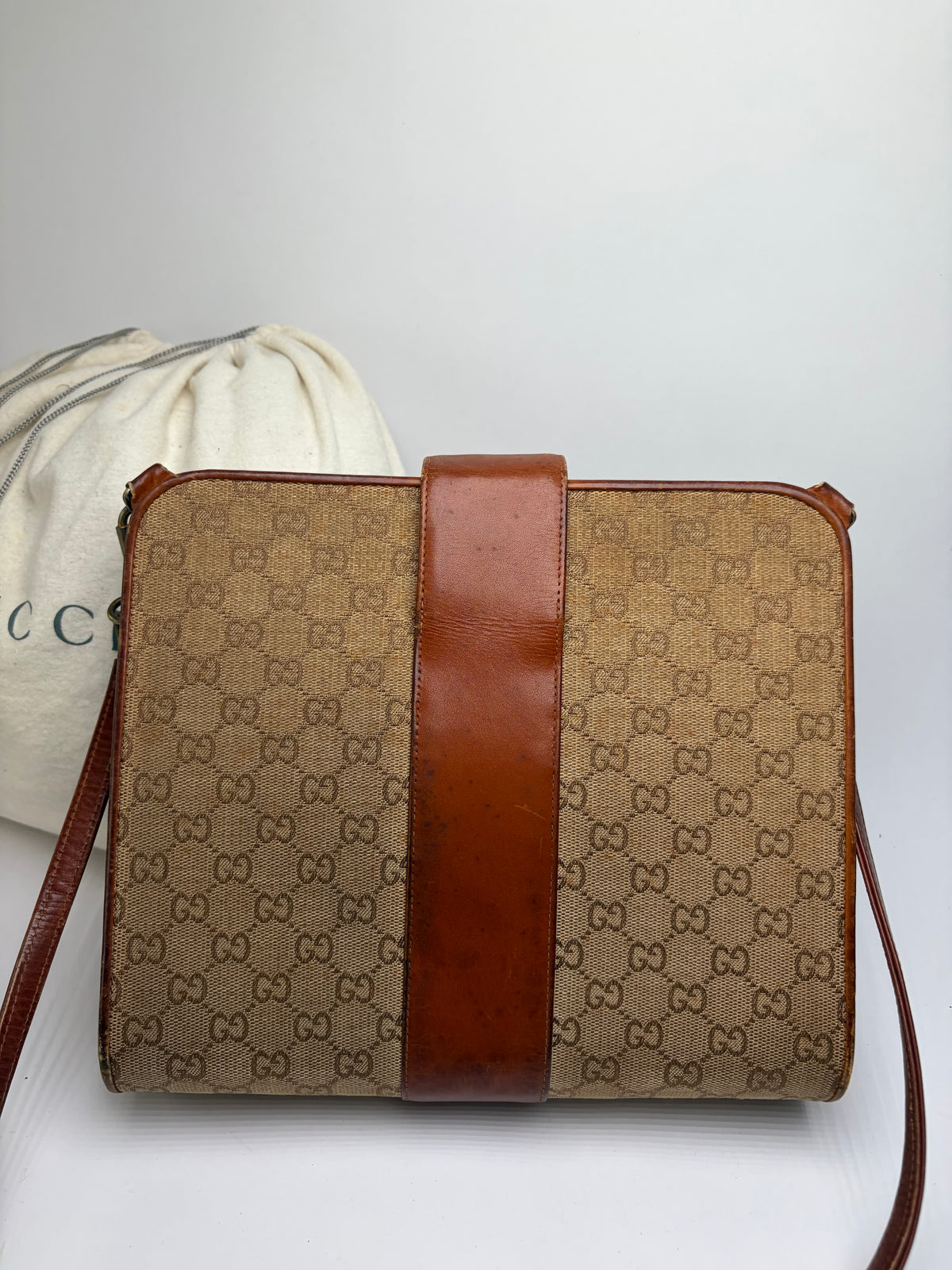 Vintage Gucci GG Monogram Canvas Structured Bag Beige Brown
