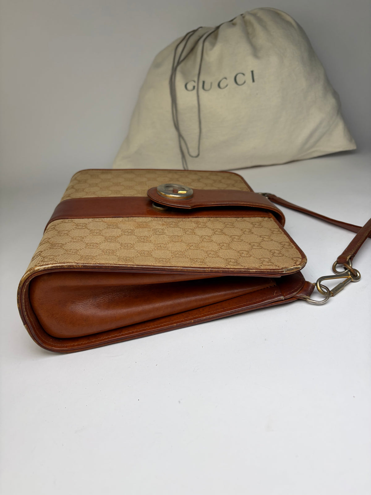 Vintage Gucci GG Monogram Canvas Structured Bag Beige Brown