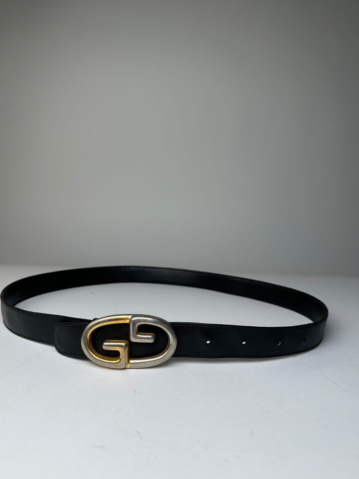 Vintage Gucci Double G Leather Belt Black Gold Silver