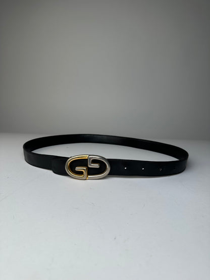 Vintage Gucci Double G Leather Belt Black Gold Silver