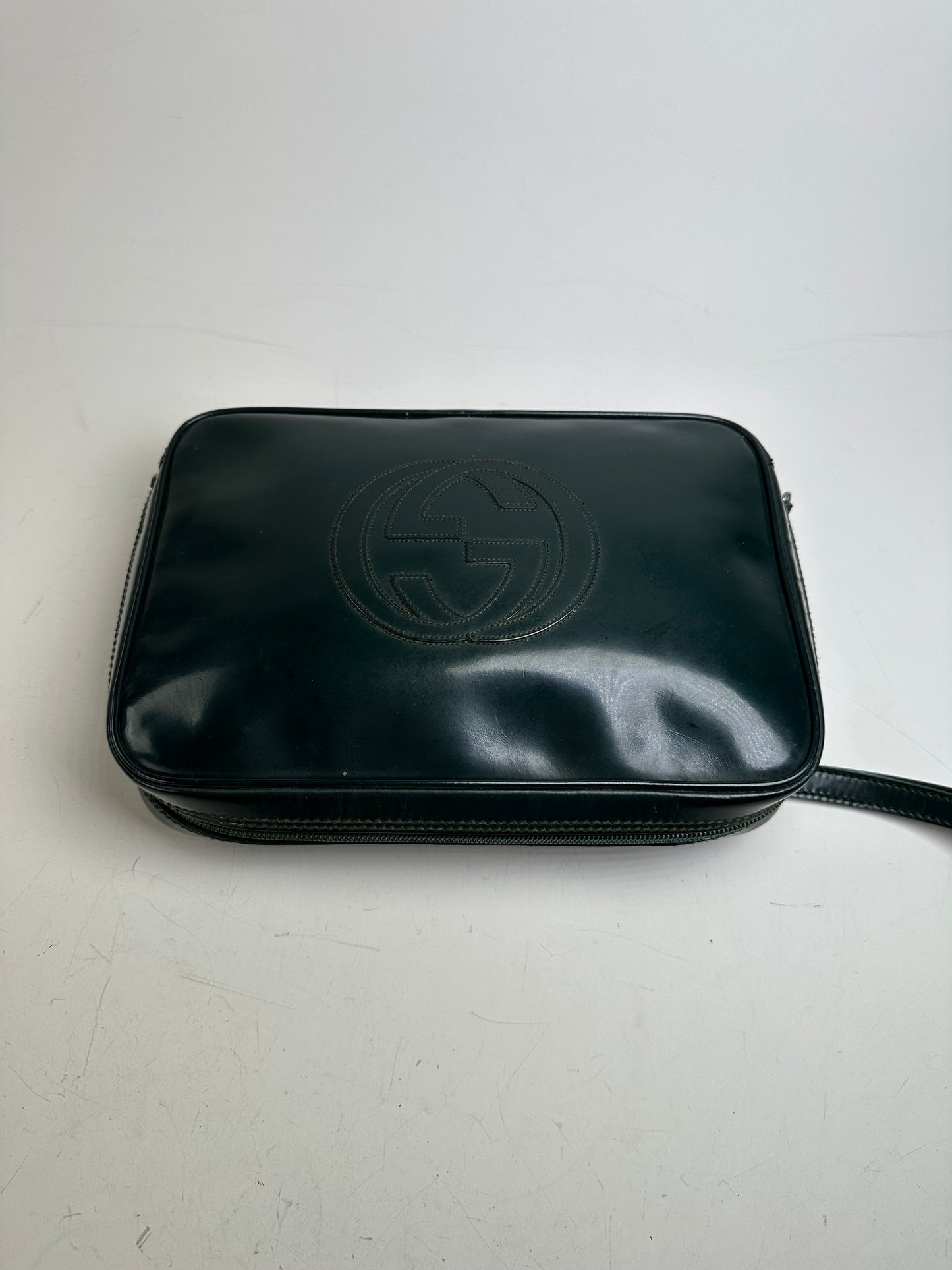Vintage Gucci Leather Cosmetic Case Dark Green Silver