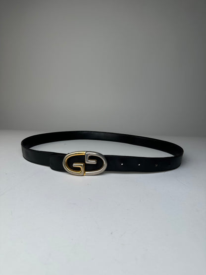 Vintage Gucci Double G Leather Belt Black Gold Silver