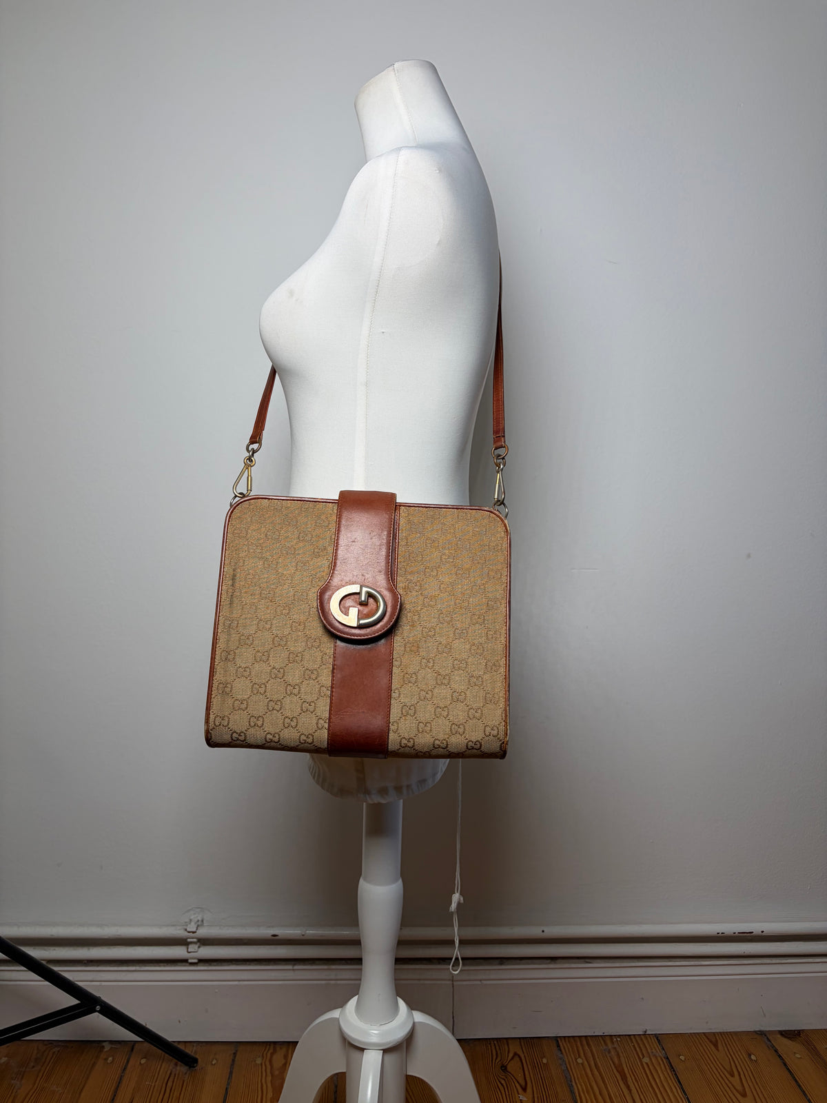 Vintage Gucci GG Monogram Canvas Structured Bag Beige Brown
