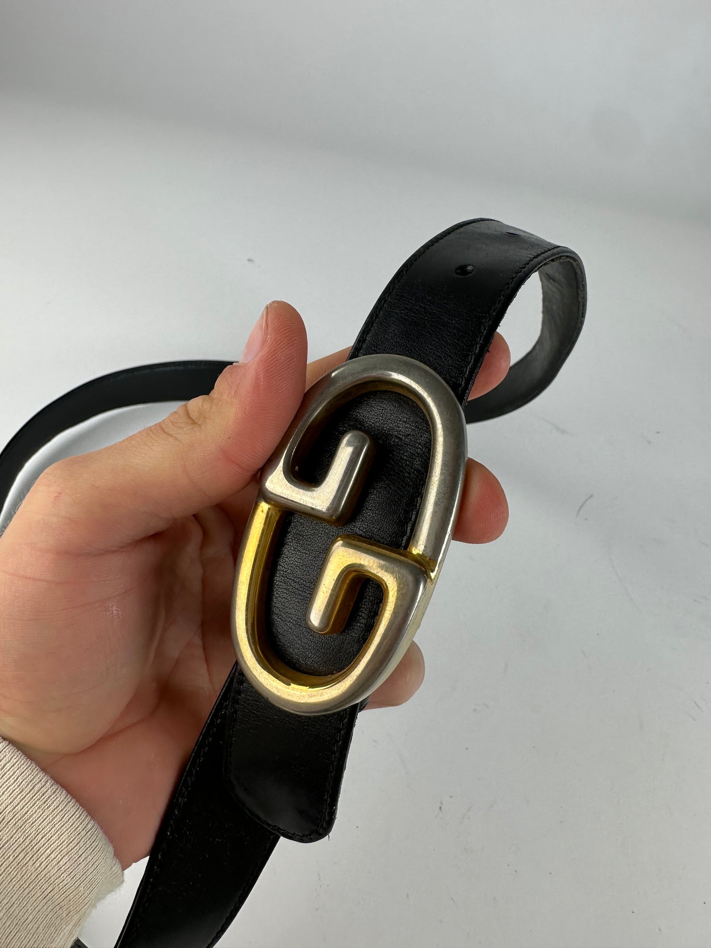 Vintage Gucci Double G Leather Belt Black Gold Silver