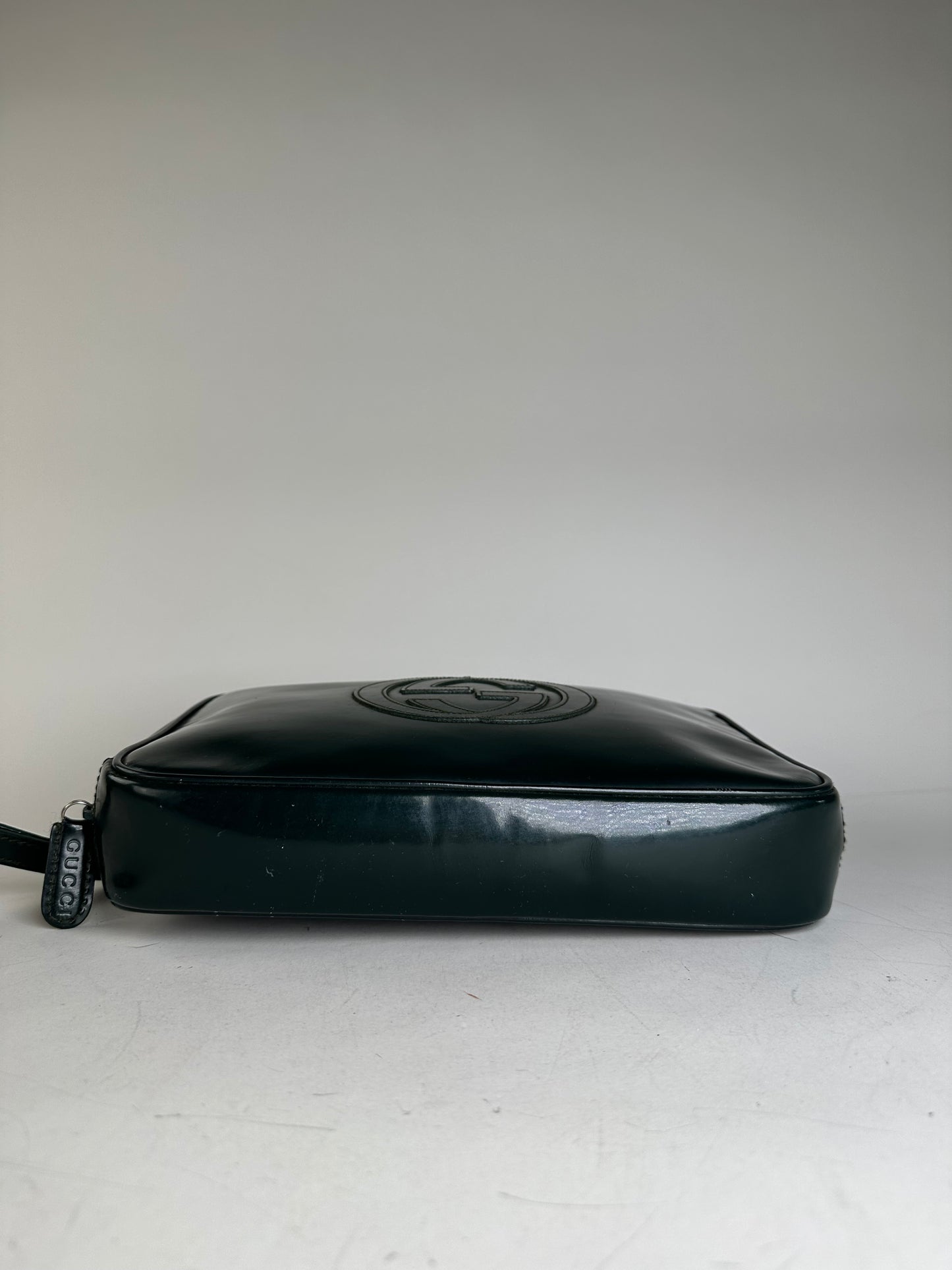 Vintage Gucci Leather Cosmetic Case Dark Green Silver