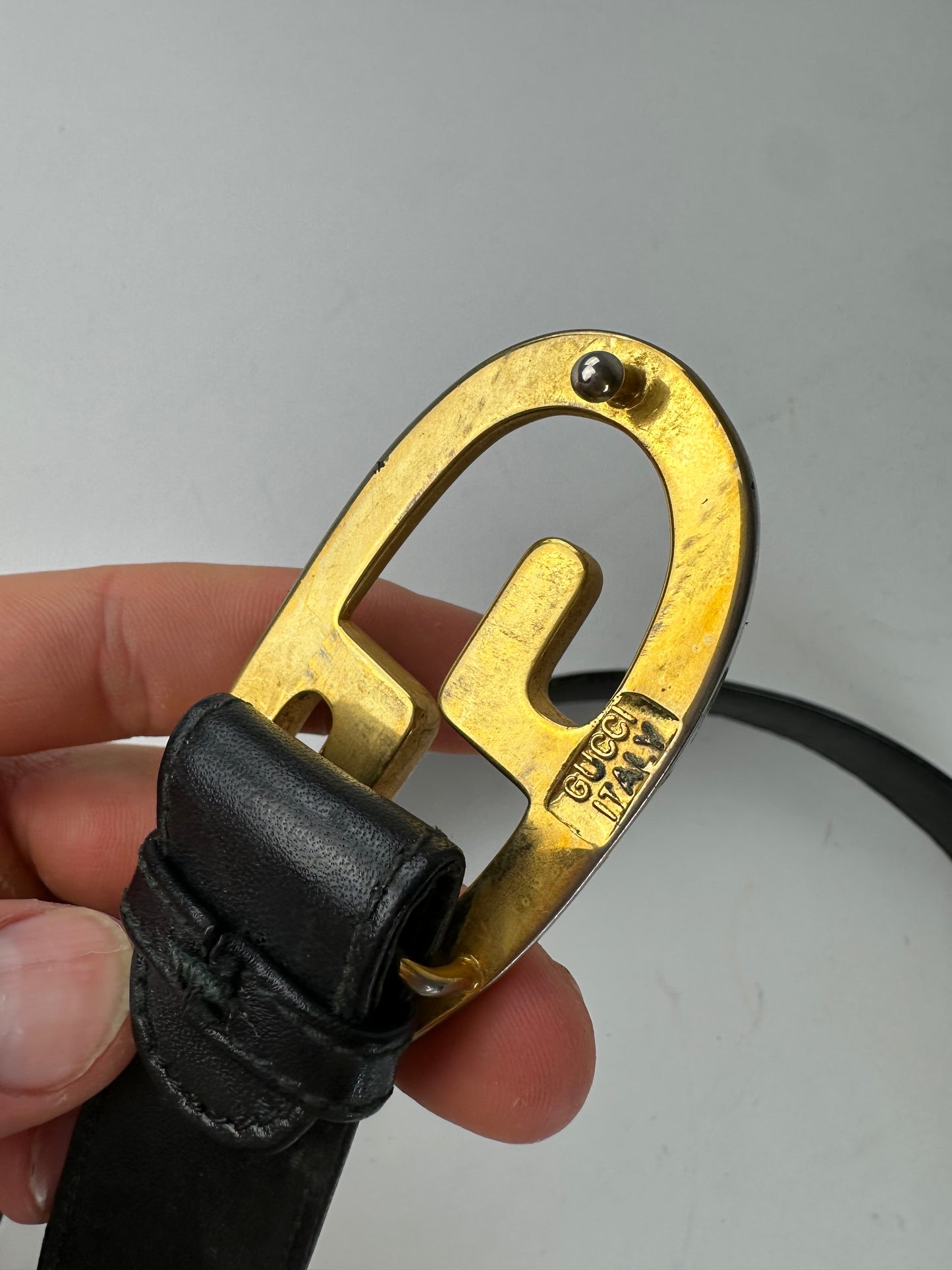 Vintage Gucci Double G Leather Belt Black Gold Silver