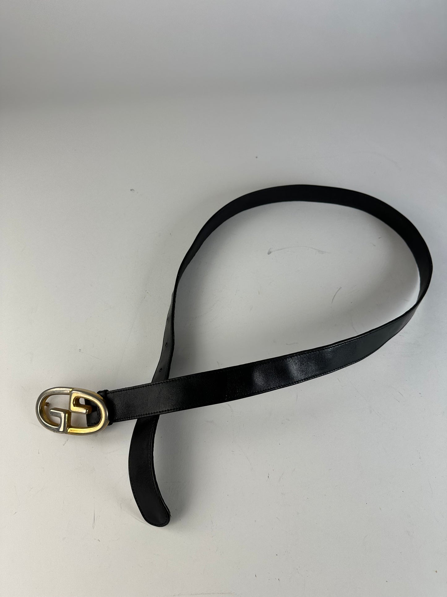Vintage Gucci Double G Leather Belt Black Gold Silver