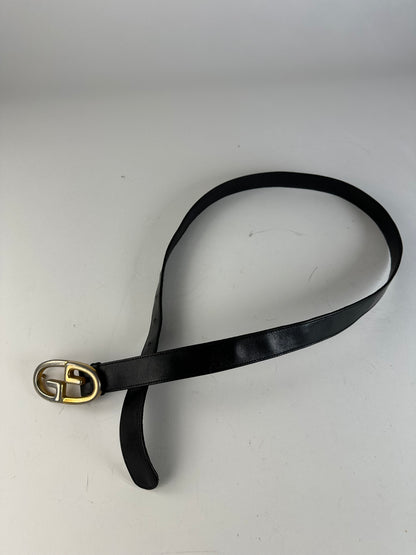 Vintage Gucci Double G Leather Belt Black Gold Silver