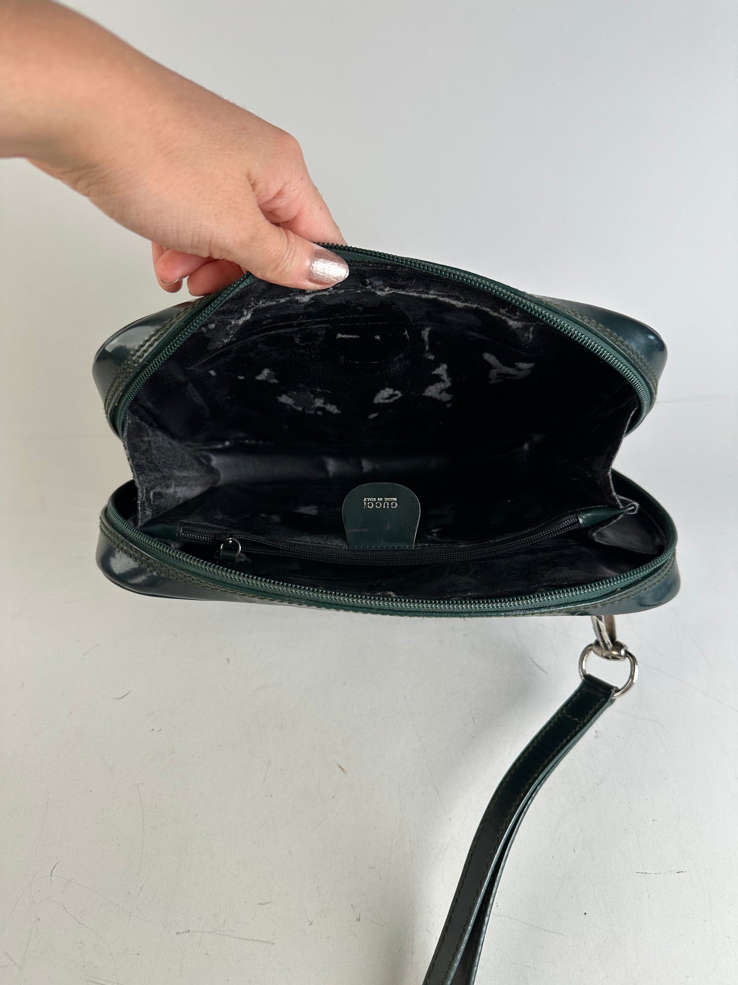 Vintage Gucci Leather Cosmetic Case Dark Green Silver