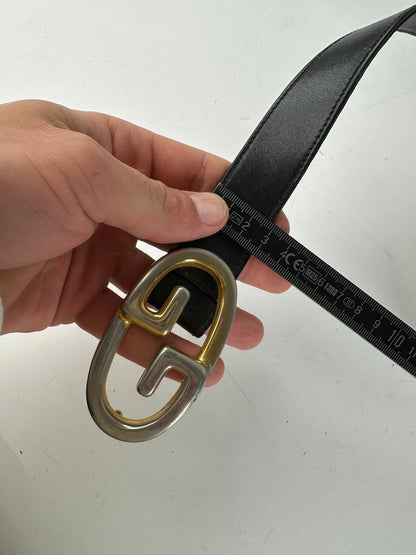 Vintage Gucci Double G Leather Belt Black Gold Silver