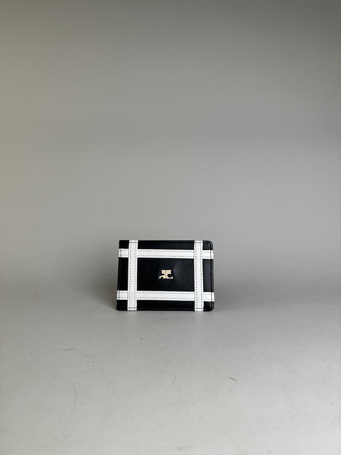 Vintage Courreges Leather Card Holder Black White Silver Logo