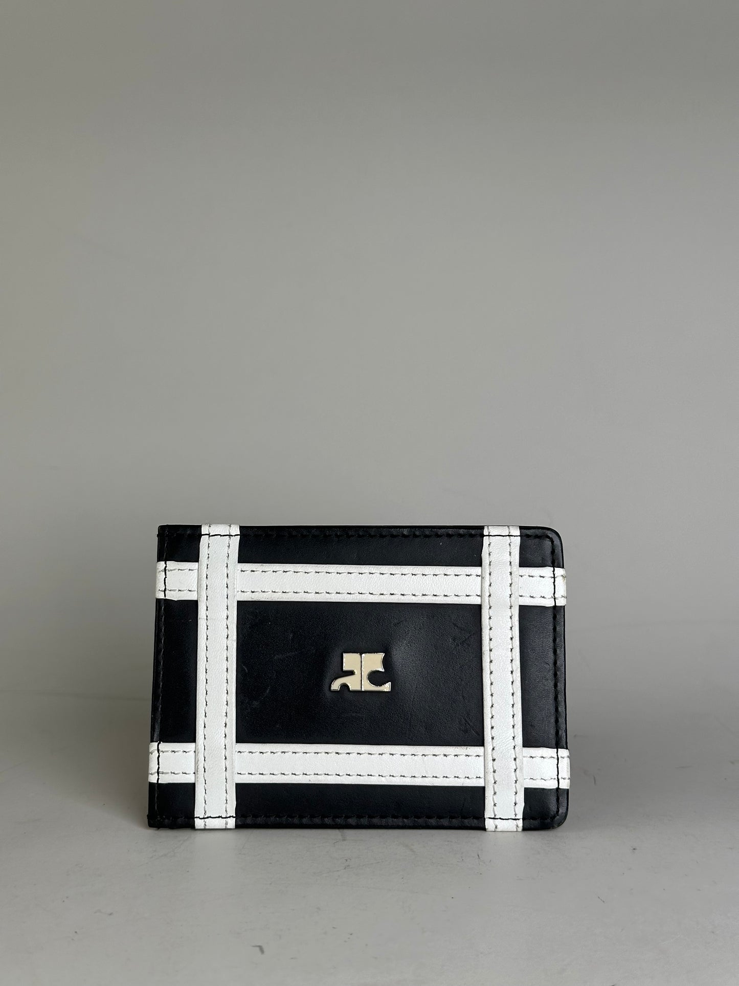 Vintage Courreges Leather Card Holder Black White Silver Logo