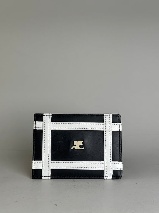 Vintage Courreges Leather Card Holder Black White Silver Logo
