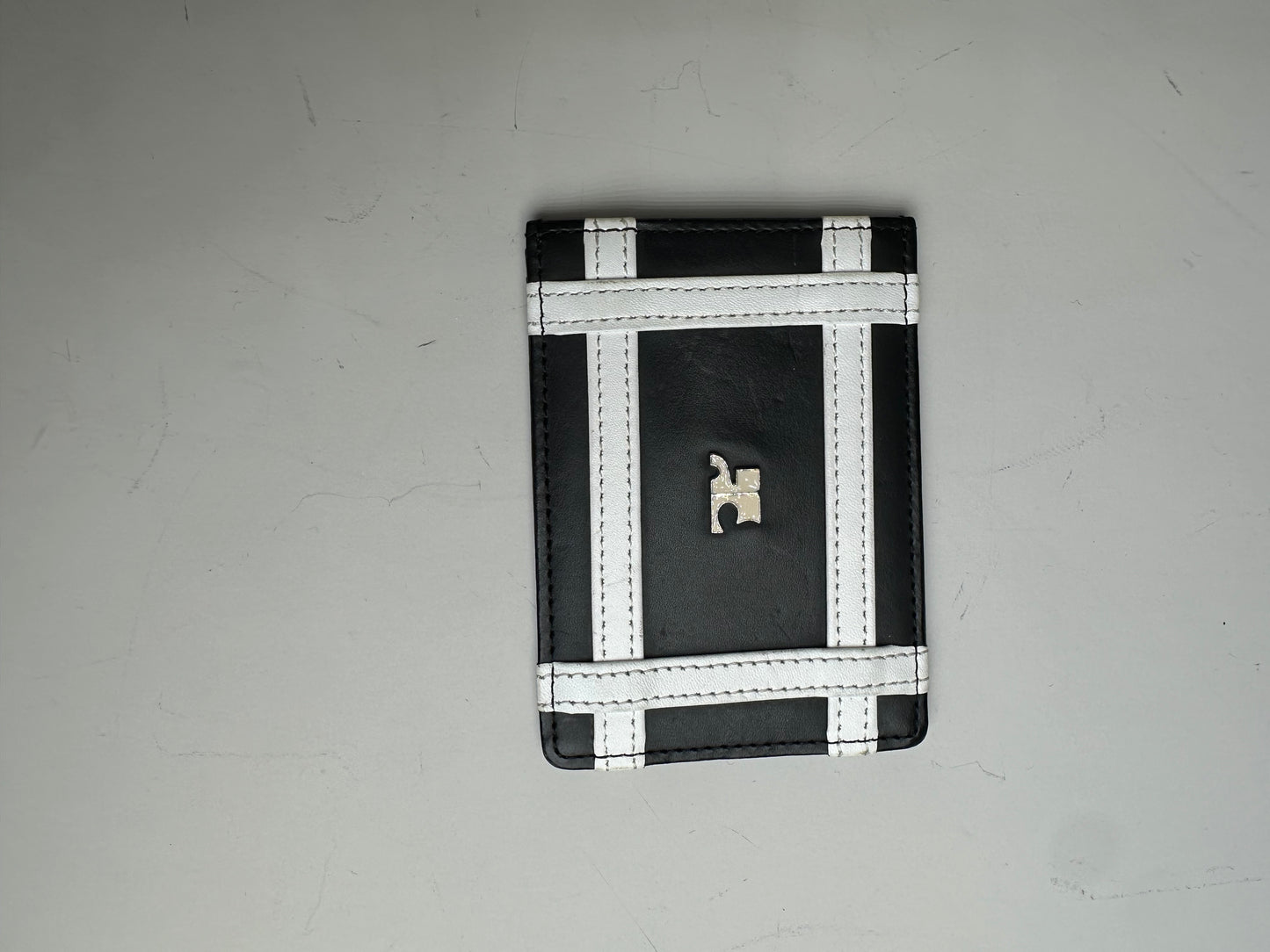 Vintage Courreges Leather Card Holder Black White Silver Logo