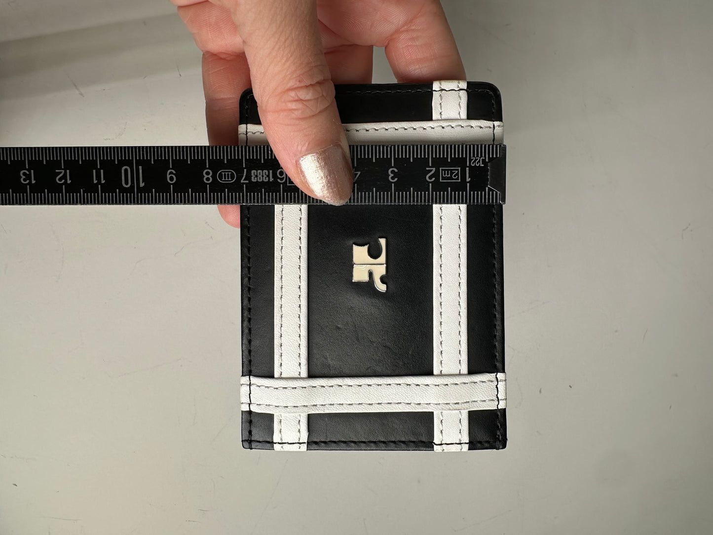 Vintage Courreges Leather Card Holder Black White Silver Logo