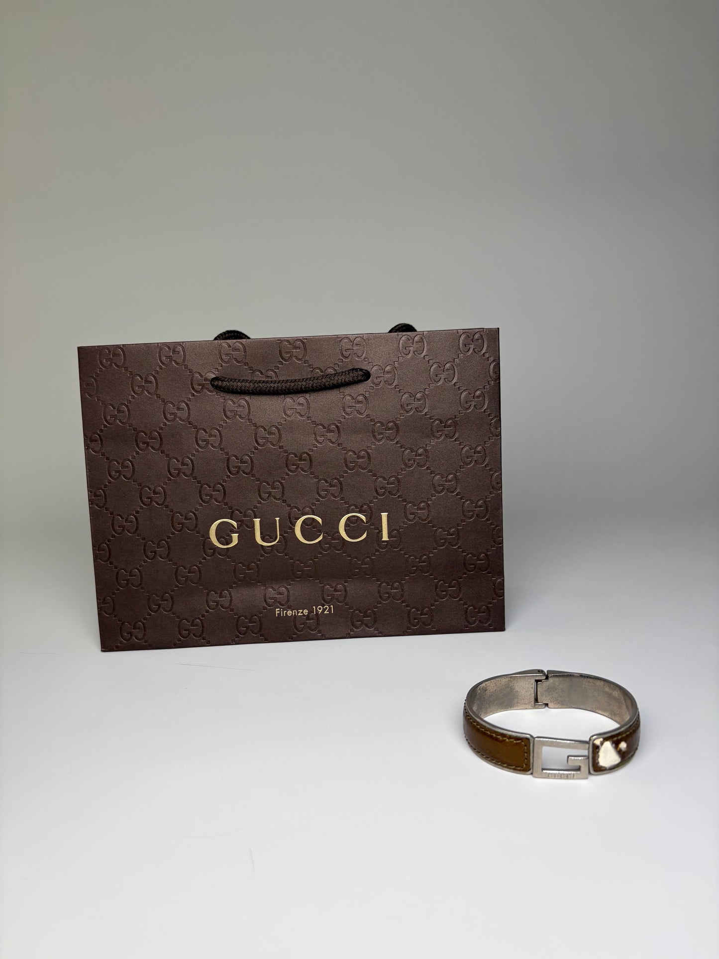 Vintage Gucci Interlocking G Leather Stainless Steel Bracelet Brown Silver